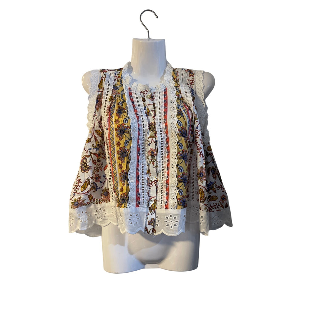 Teddy + Rose Cleo Breezy Eyelet Trim Floral Sleeveless Top SZ XS Boho Artsy