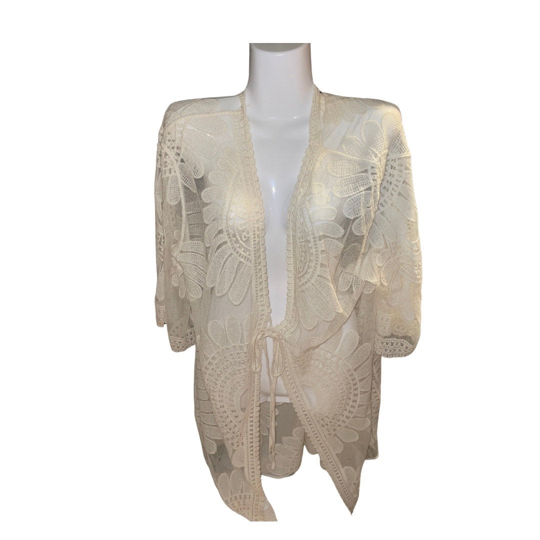 Embroidered Sheer Lace Open Cardigan Size Large Cover up Boho Coachella Western
