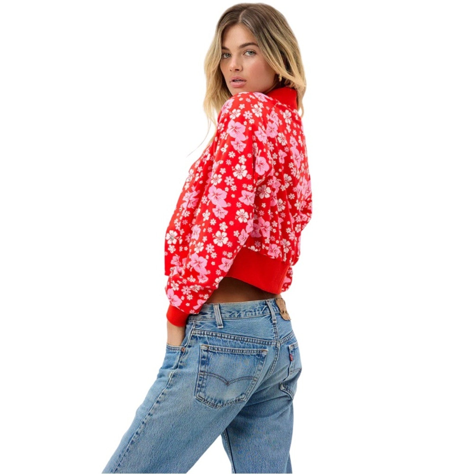 Frankies bikinis Cameron Satin Coconut Floral Cropped Bomber Jacket Large NWT