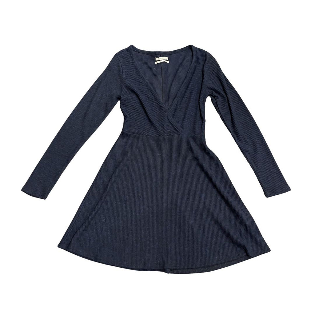 Urban Outfitters Navy Blue Long Sleeve Wrapped Neck Mini Ribbed Knit Dress SZ M