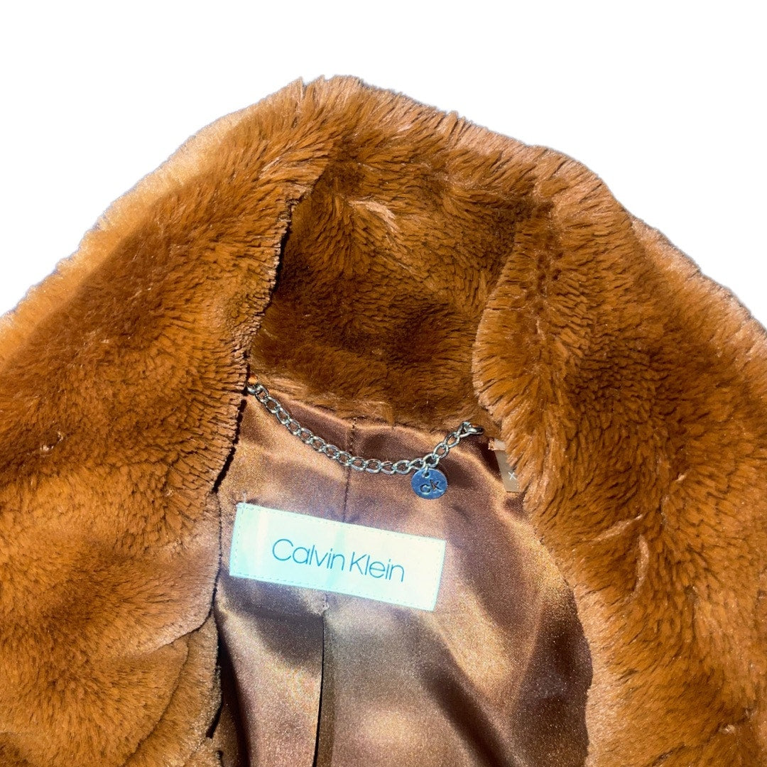 Calvin Klein Stand Collar Brown Faux Fur Coat Jacket - unique find Size XS