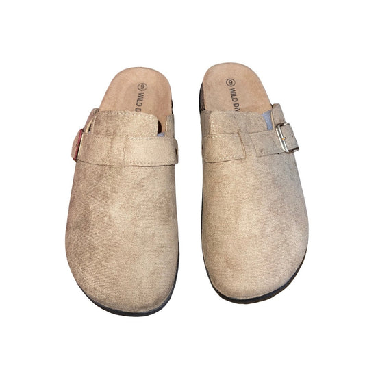 Wild Diva Slip on Mules Cork like Sole adjustable buckle faux suede  NWT Size 9