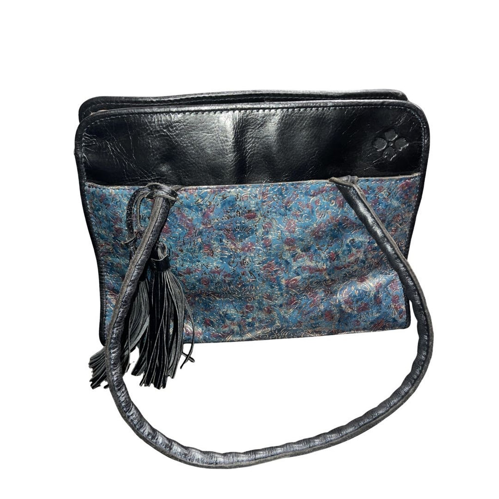 Patricia Nash Leather Shoulder Bag Metallic Blue Kimono Tapestry Tassel Artsy