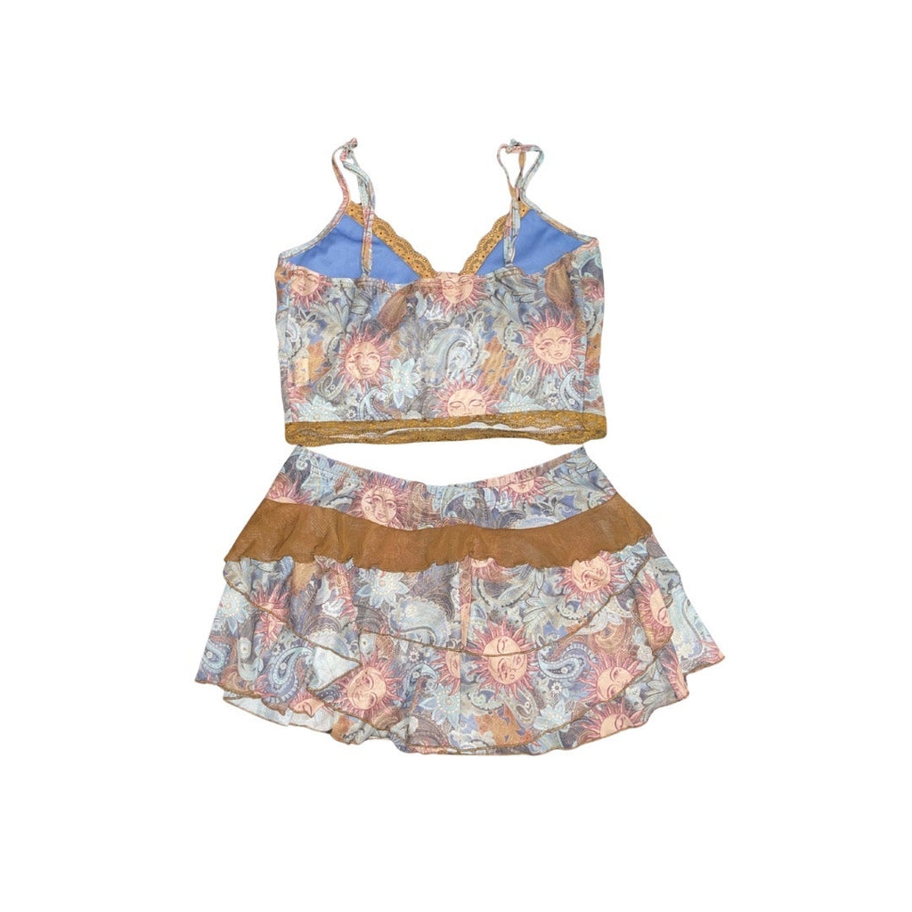 Shein Two Piece  Sun and Paisley Lace Mesh Top & Skirt Size Large BOHO festival