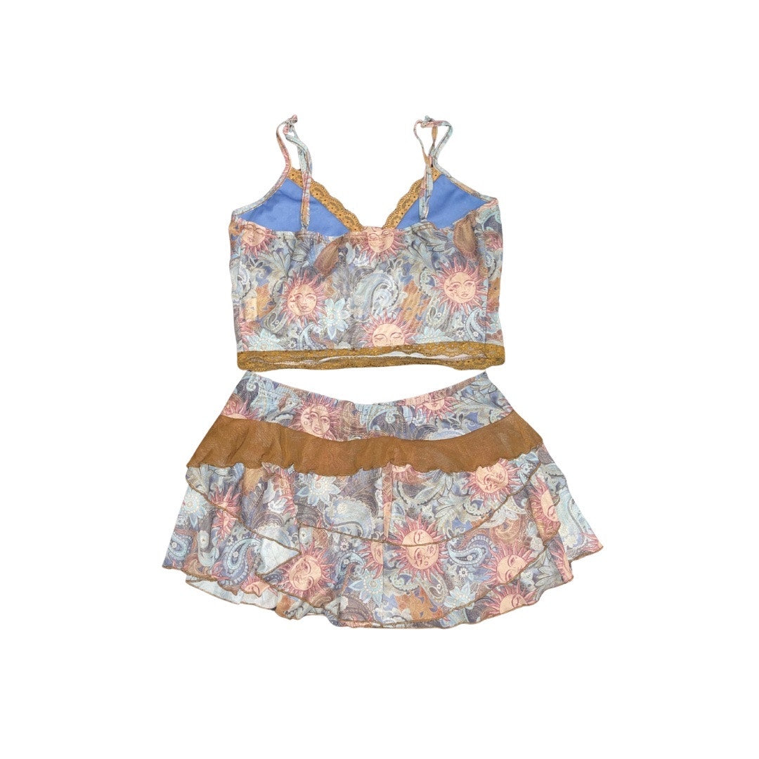 Shein Two Piece  Sun and Paisley Lace Mesh Top & Skirt Size Large BOHO festival