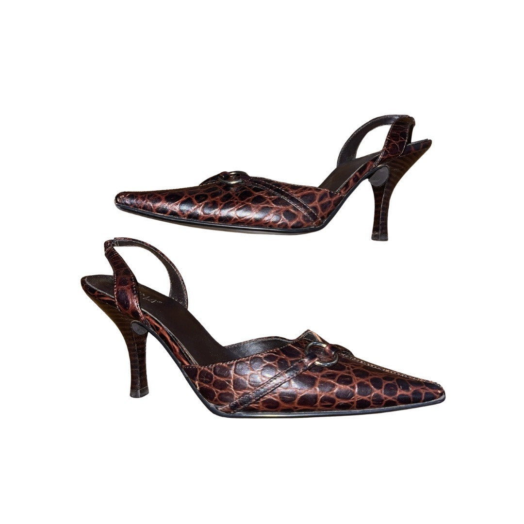 Vintage Prima Cavie Dark Brown Croco Leather Slingback Heel Pump Size 6.5