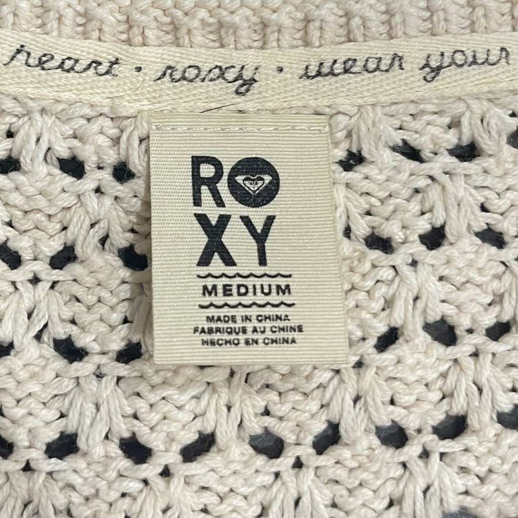 Roxy Open Knit Crochet V-Neck Sweater Size Medium Beachy Boho Indie Relaxed Fit