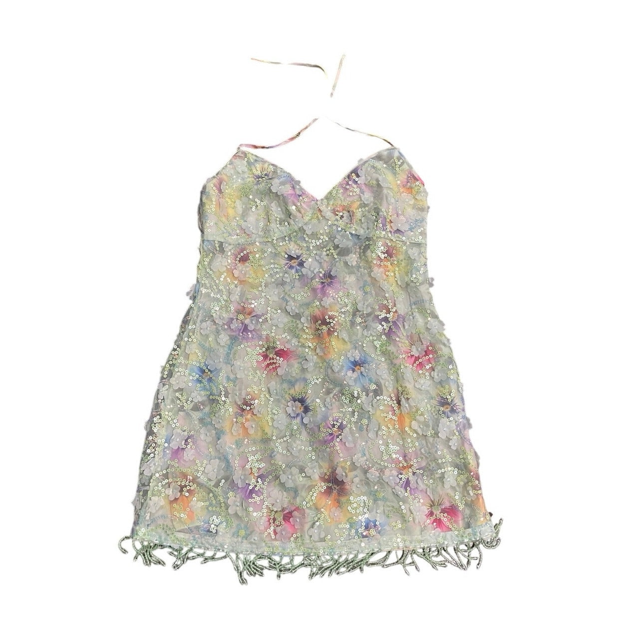 Shein Floral Sequin Lace Mini Halter Dress Size Large Fairy Whimsy Garden Party