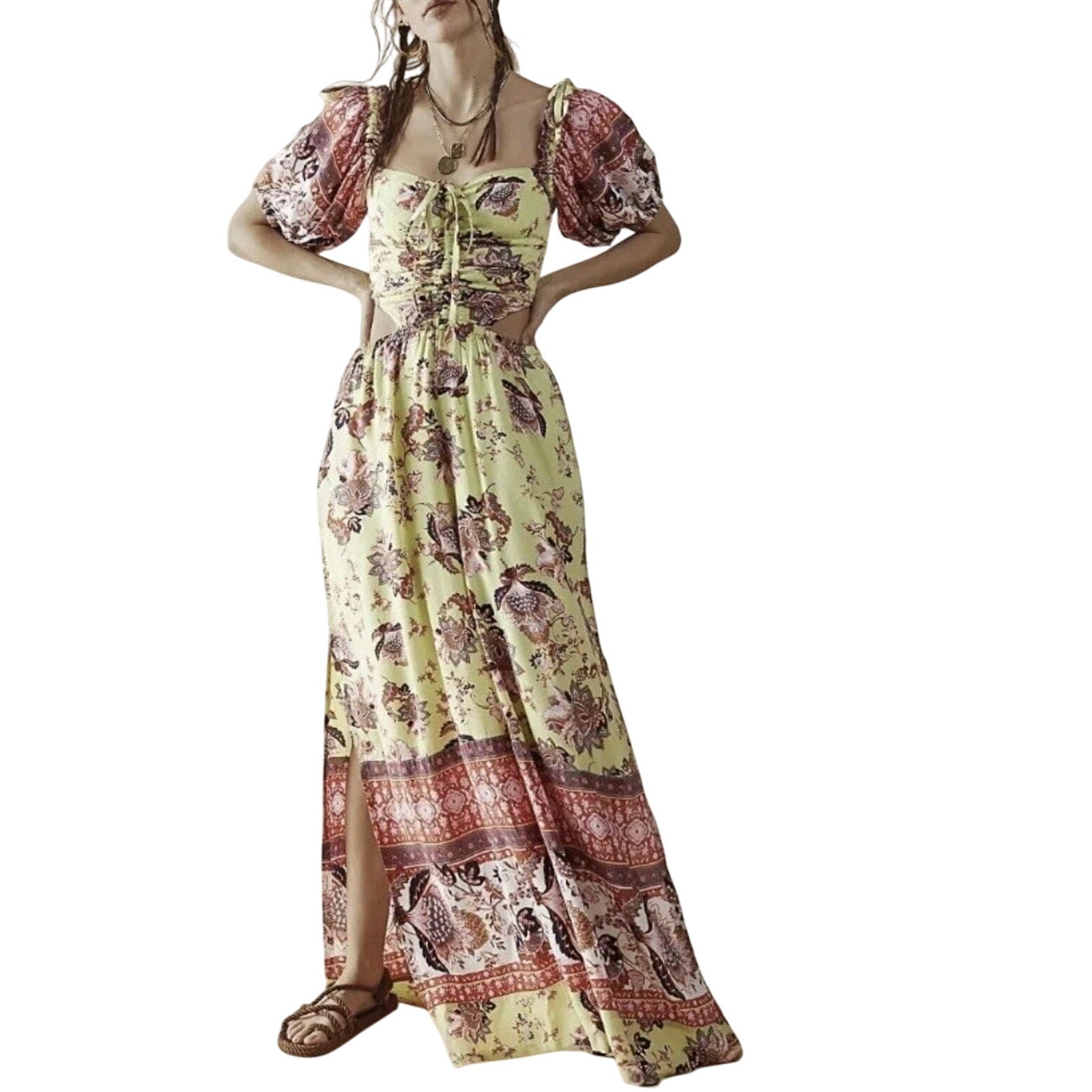 Free People Bali Citrus Skies One Piece Jumpsuit Floral XS Wide Leg Pockets Smoked