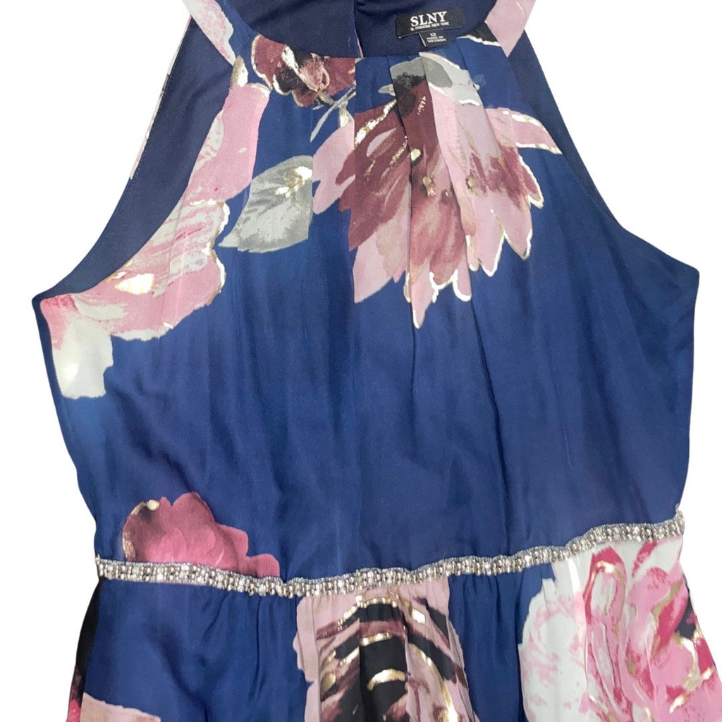 SLNY Floral Maxi Formal Dress Beaded Waist SZ 12 Prom Wedding Evening Bridesmaid