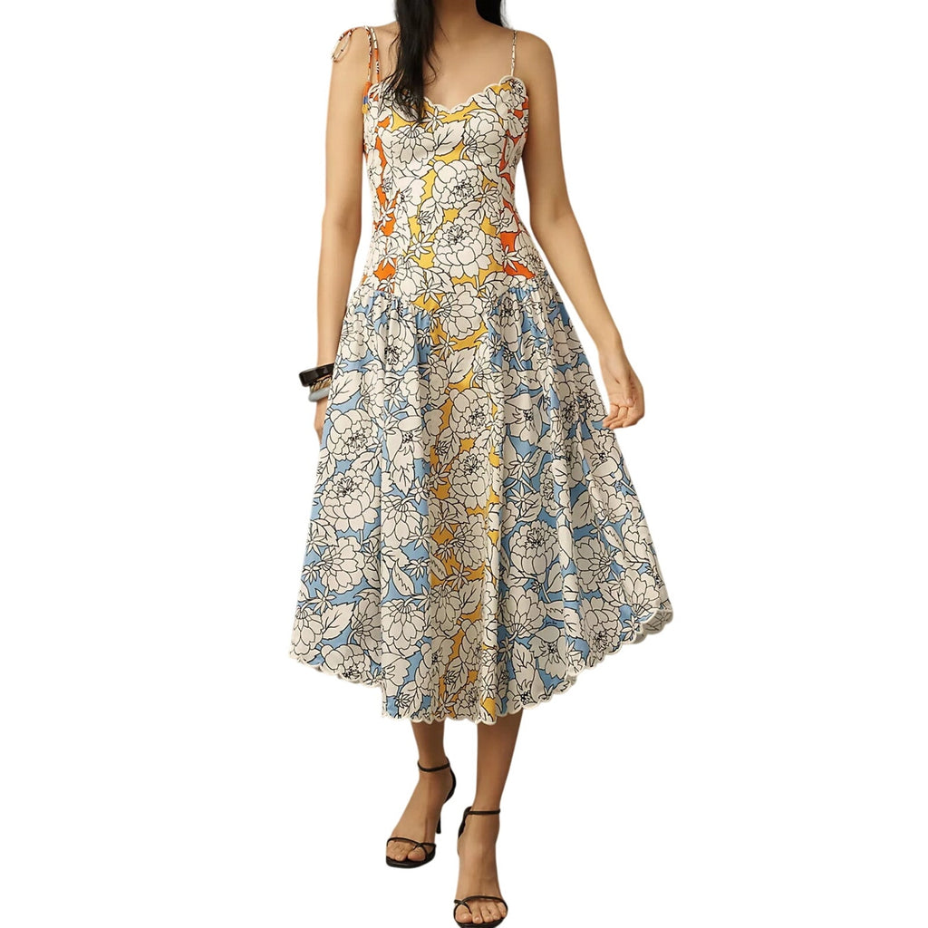 Farm Rio x Anthropologie Basque-Waist Midi Dress Size Large Tie Straps Fit Flare