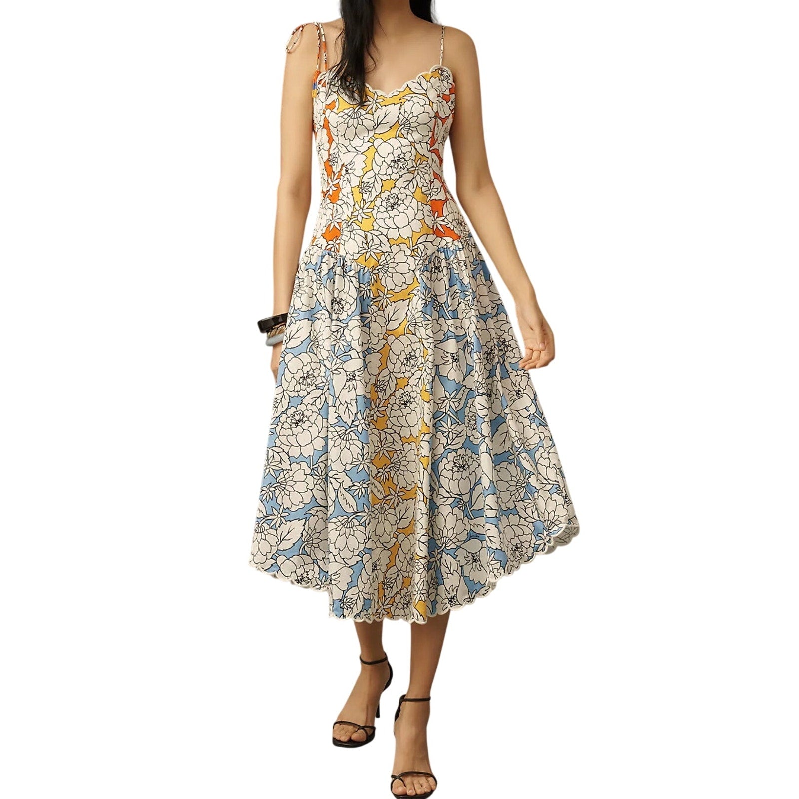 Farm Rio x Anthropologie Basque-Waist Midi Dress Size Large Tie Straps Fit Flare