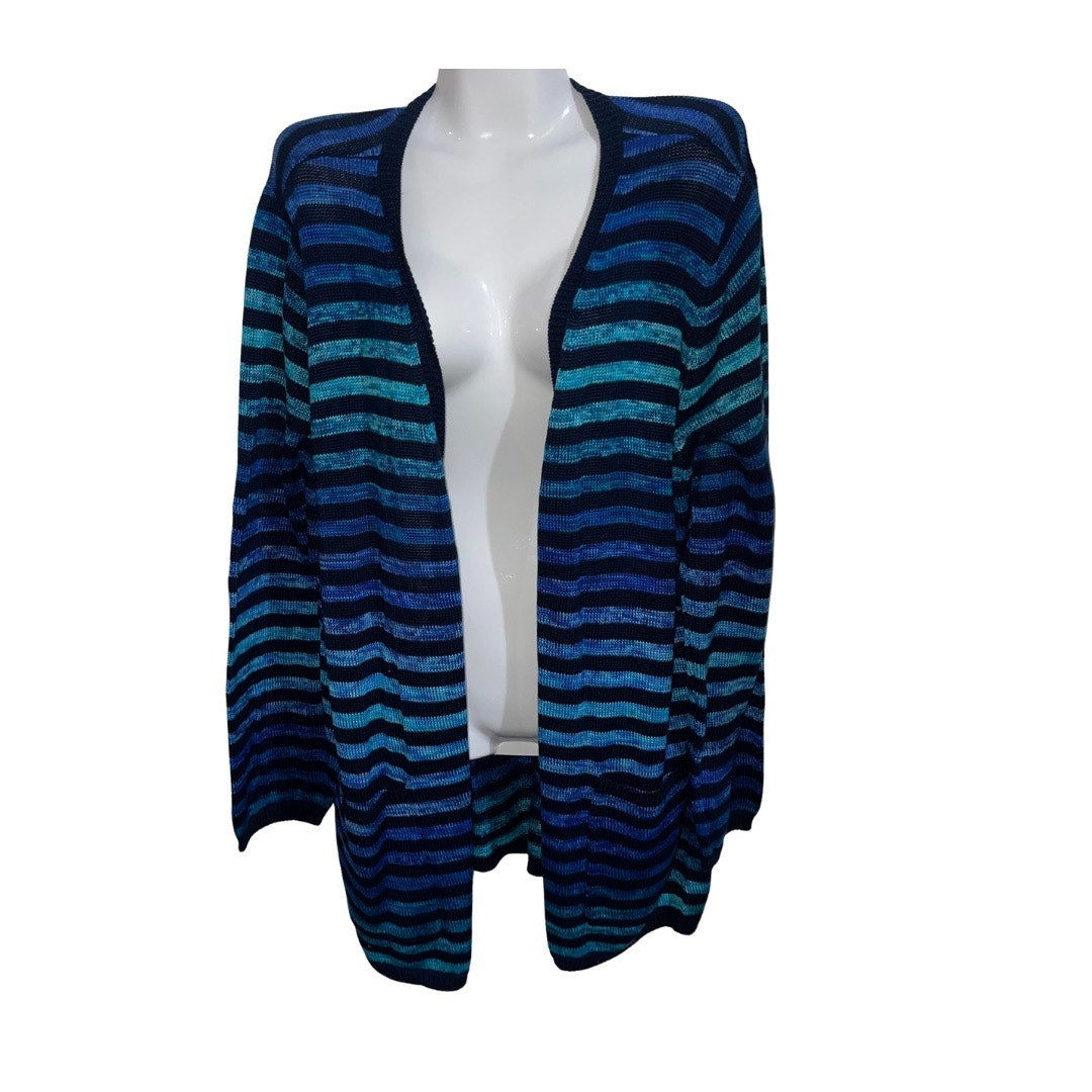Jones New York Signature Women Plus Blue Striped Knit Open Cardigan Size 2X NWT