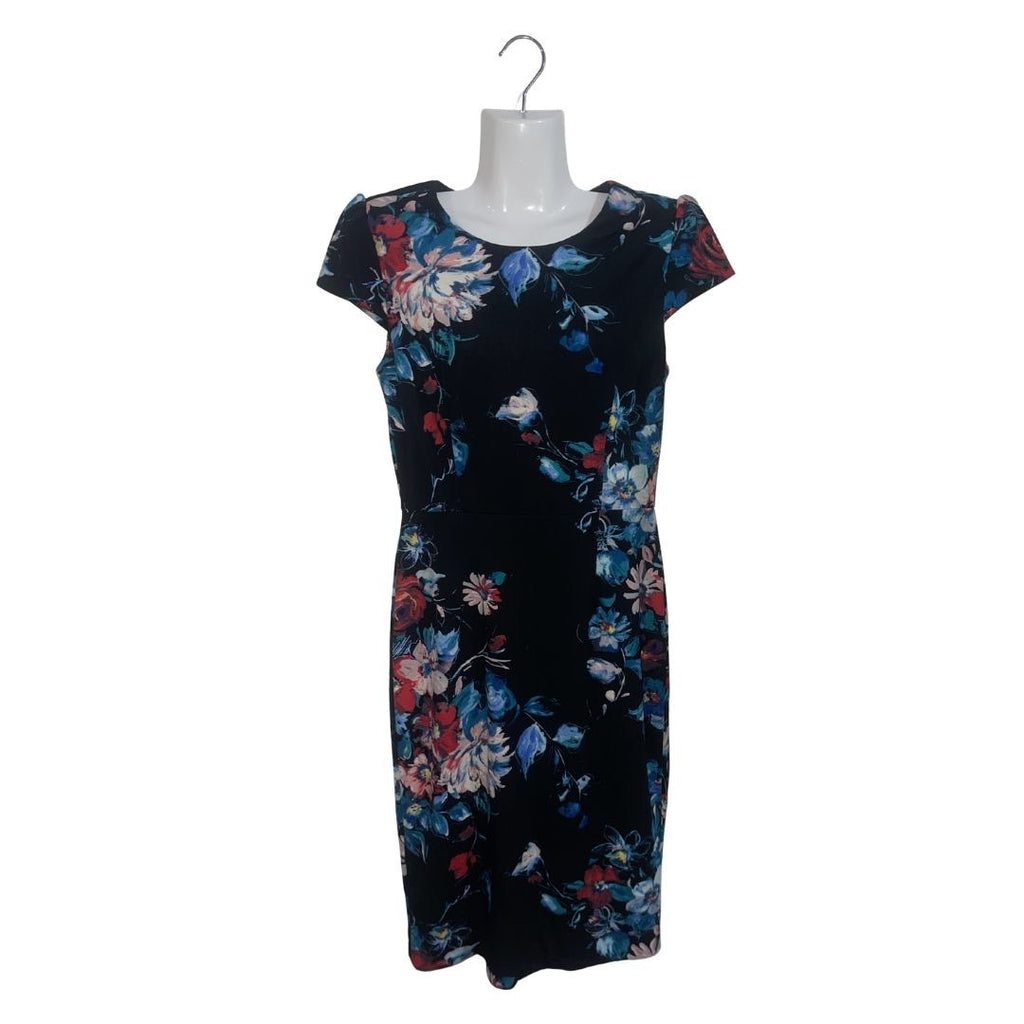 Betsy Johnson Black Floral Sheath Midi Dress Cap Sleeves Size 6 Pinup Retro Chic