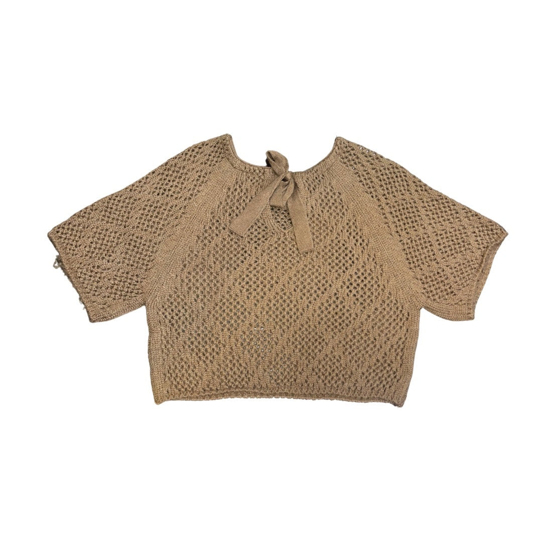 Brown Open Knit Short Sleeve Sweater Tie Back Detail Size Large Boho Crochet