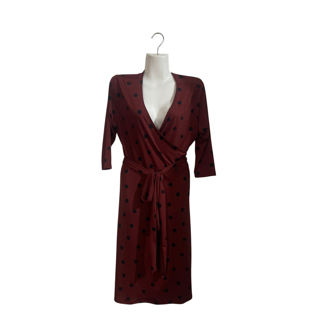 Vintage Inspired Burgundy Polka Dots Midi Wrap V-Neck Dress L Classy Mid Century