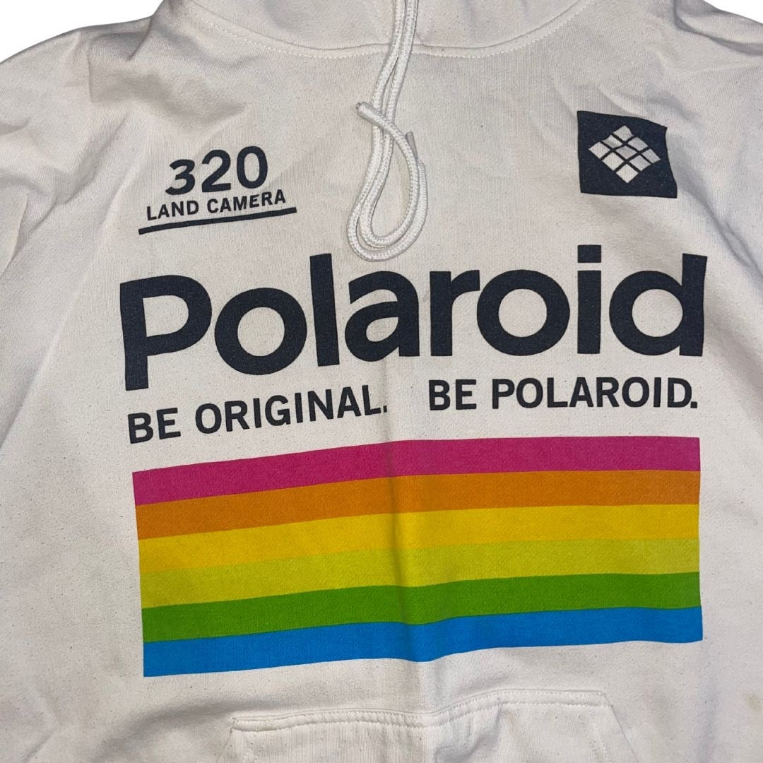 Vintage Polaroid 320 Land Camera Hoodie Pullover Sweater Size Large Rainbow Y2K