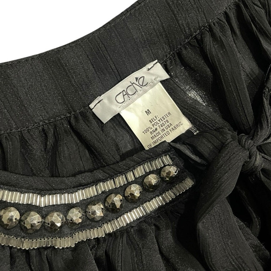 Cache Vintage sheer blouse 3/4 sleeves elastic cuff 90s tie studded neckline Y2K Size M