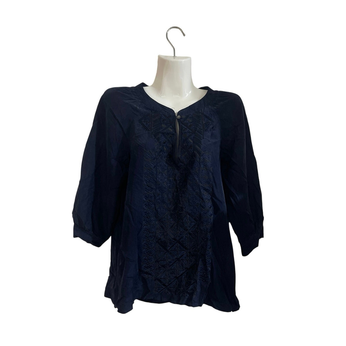Theory Reiba Navy Blue Silk Embroidered Boho Tunic Blouse SZ P Boho Casual
