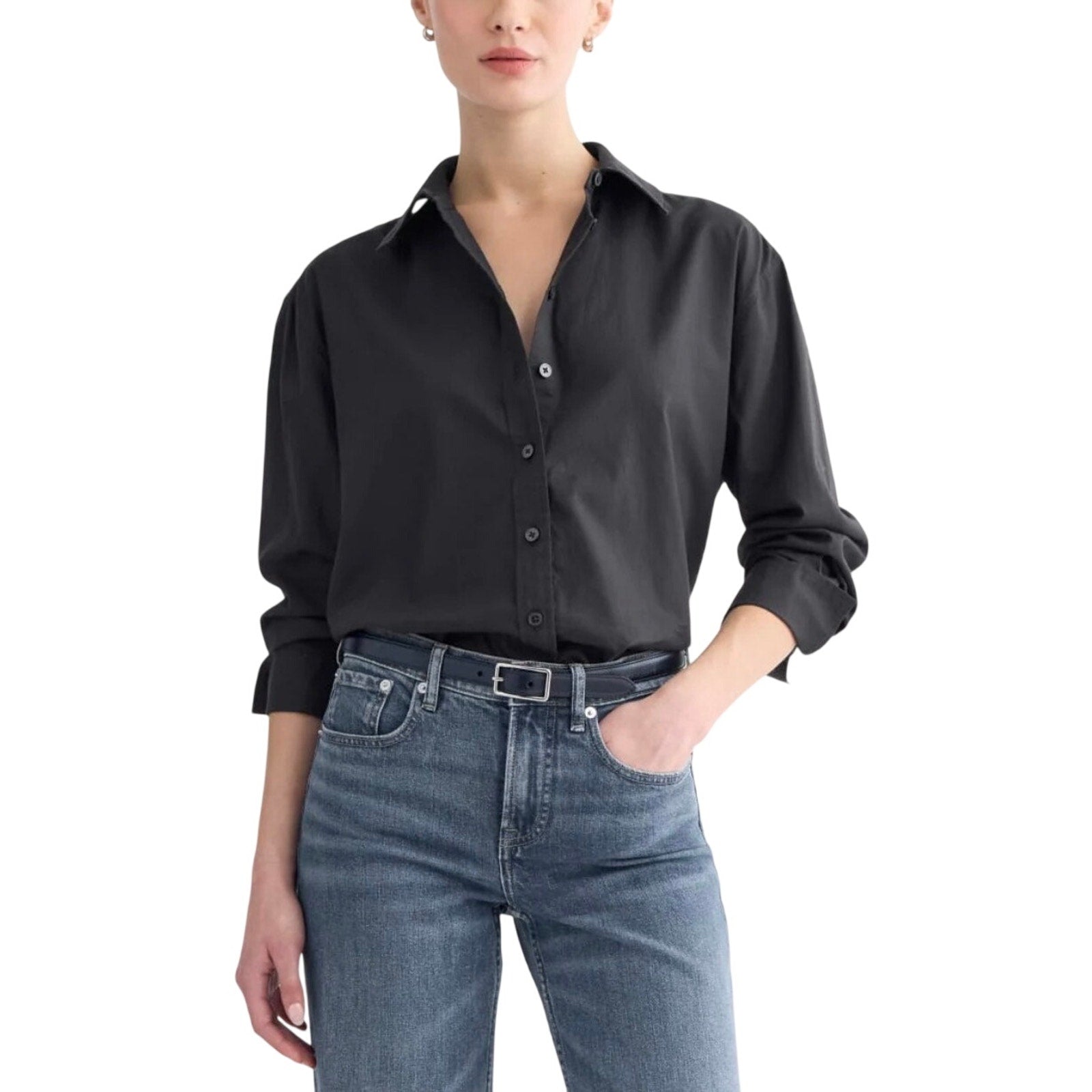 Everlane Everyday Black Button up Collar Shirt SZ Large Relaxed Fit Casual Chic
