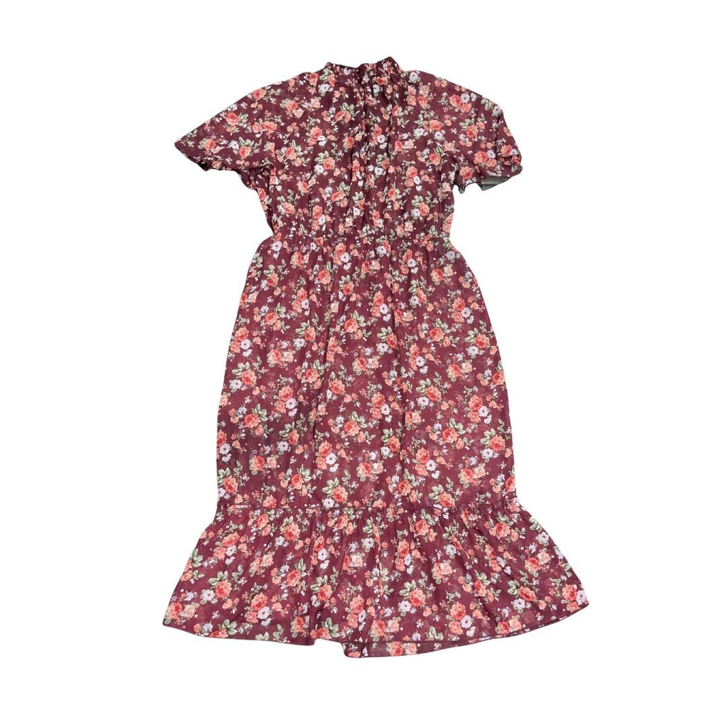 Stella & Julie Burgundy Floral Midi Dress Plus 14 Smoked High Neck Elastic Waist