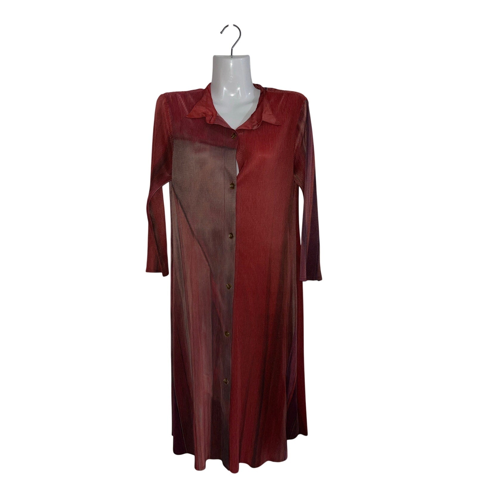 Ombre Pleated Collared Midi Button Down Long Sleeve Dress Size Medium Stretch
