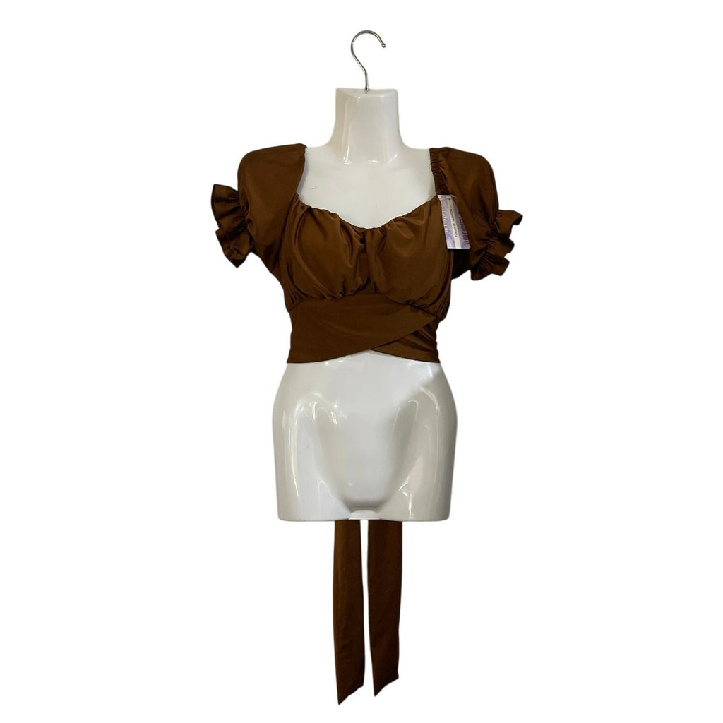 Sweetheart Neckline Crop Top Puff Flutter sleeves Crossover Wrap Waist SC