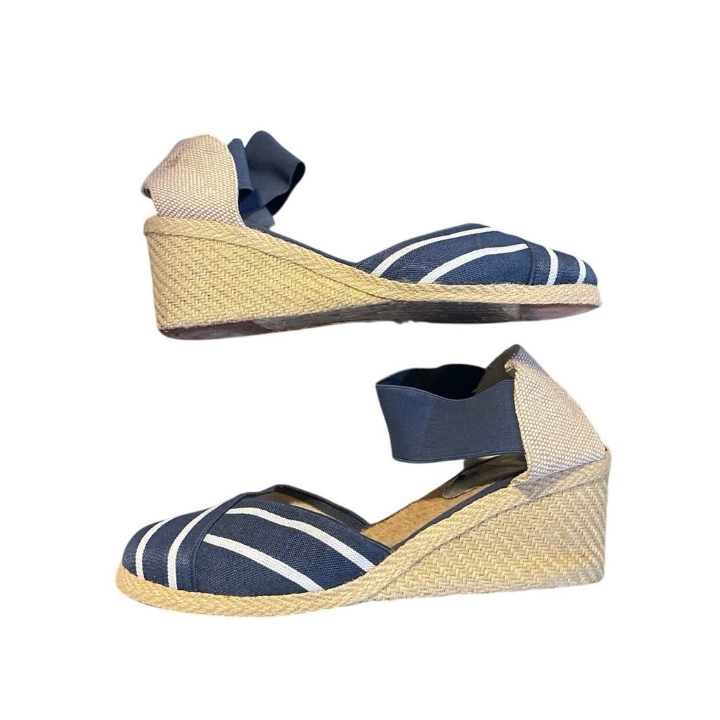 Lauren Ralph Lauren Charla Navy White Striped Espadrille Wedge Sandals SZ 10