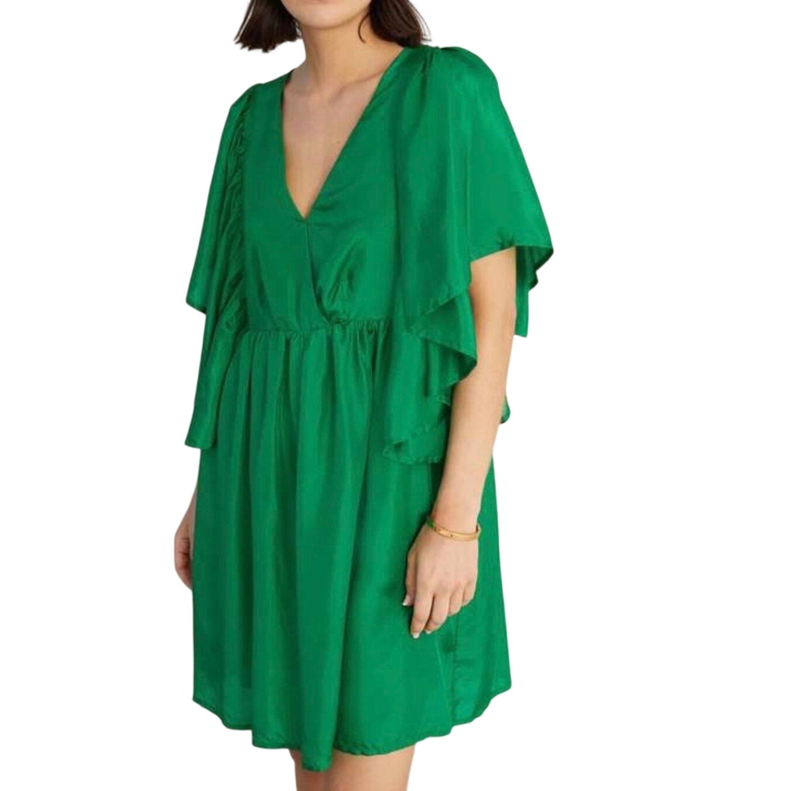 Munthe Distant Green Dress 100% Silk Short Size 36 (4) Bat Sleeves Flowy Artsy