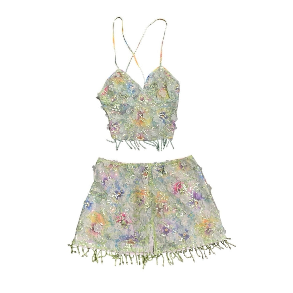 Shein Two Piece Beaded Sequin Floral Top Mini Skirt Size M Y2K Fairy Whimsy