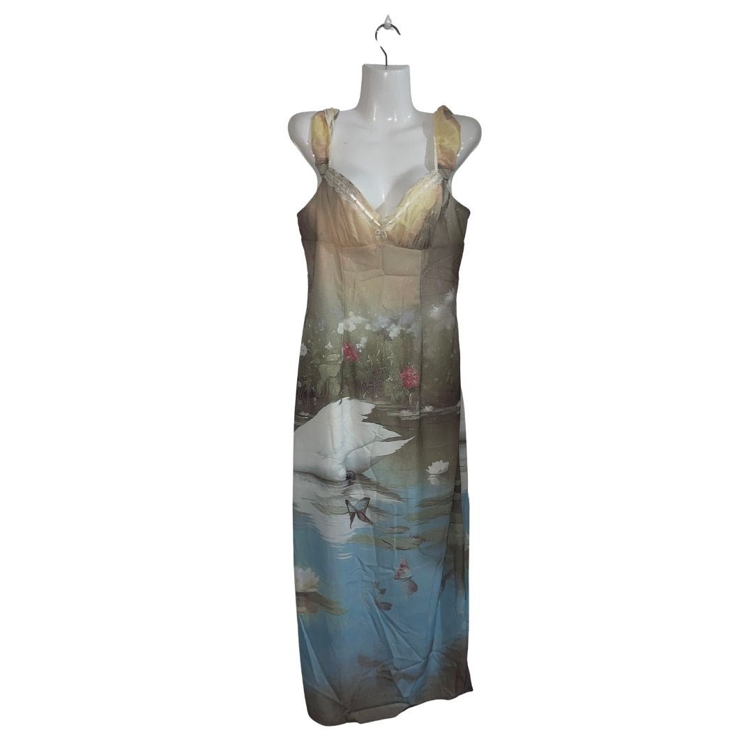 Swan Print Evening Slip Dress Floral Lace Trim Size Large Romantic Enchanting