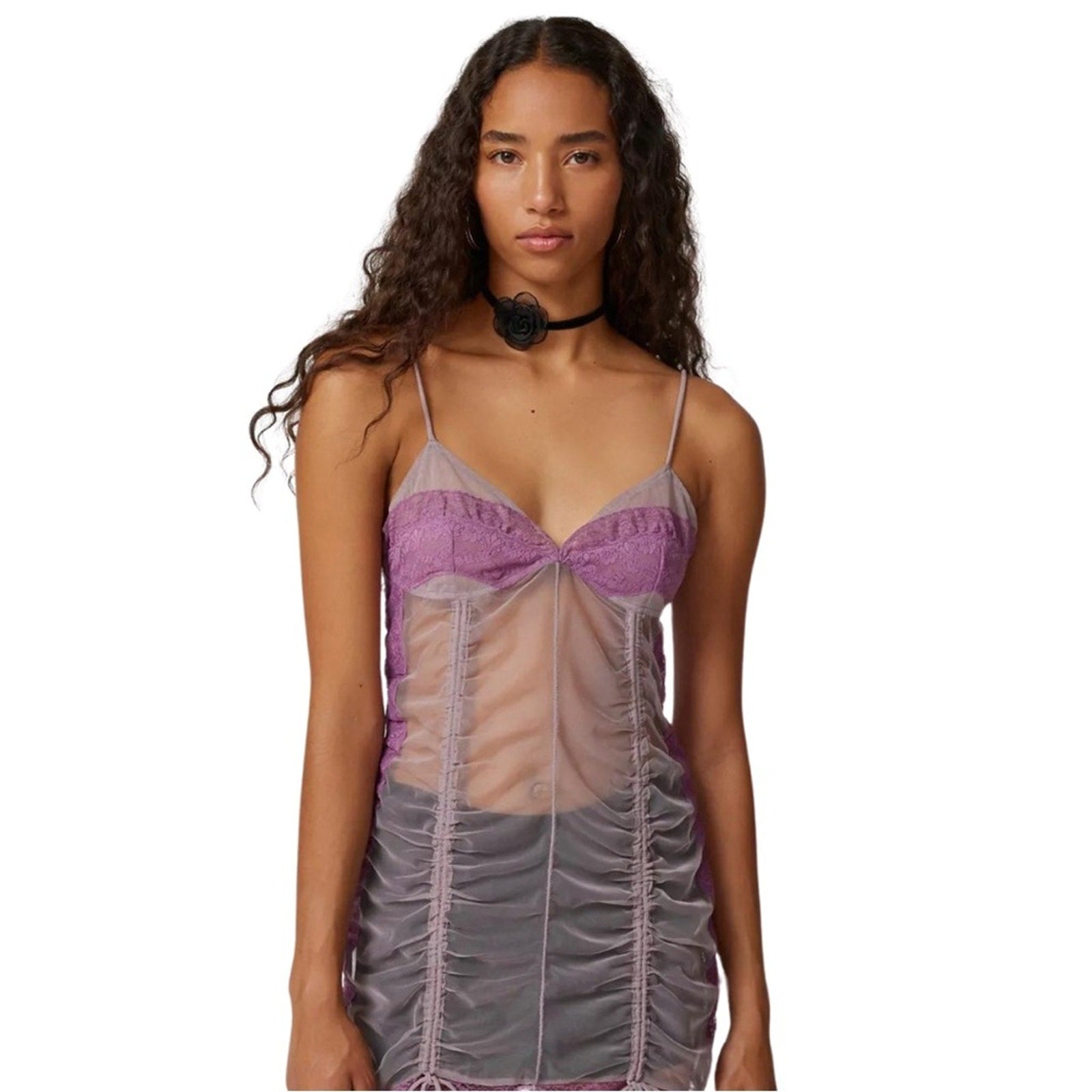 Urban Outfitter Marina Sheer ruched Midi dress Tunic Size Medium Lavender