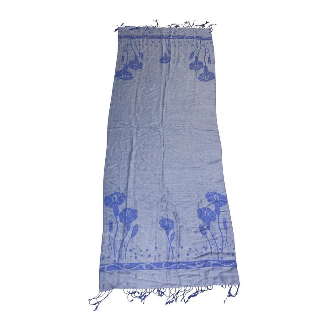Women Shawl Scarf Stole Blue Floral Motifs Fringe Hem Bohemian Artsy