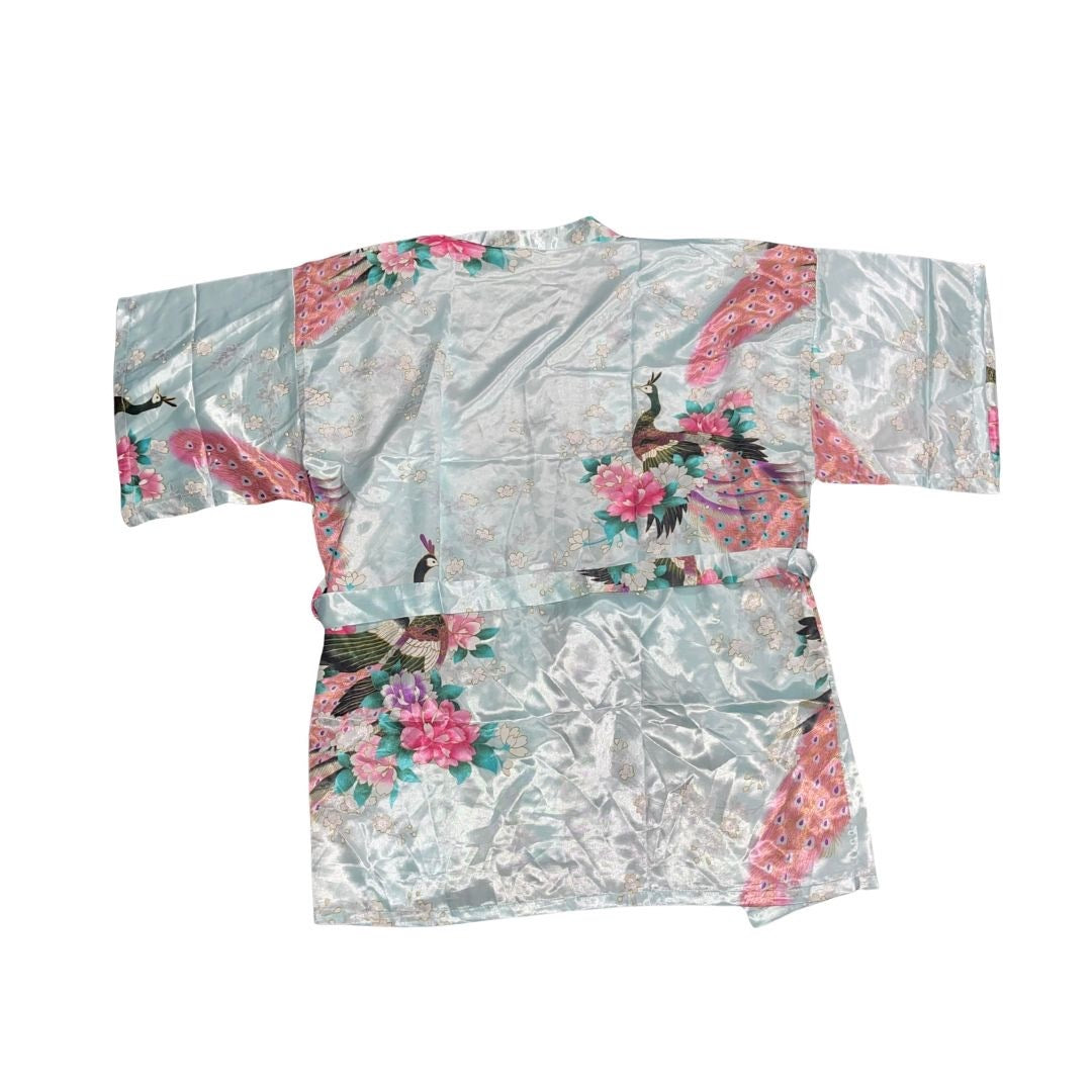 Floral Short Peacock Kimono Robe Blue Teal Satin Fabric Bridesmaid Bride