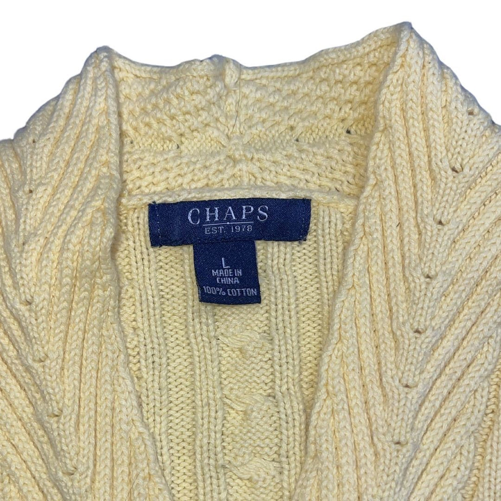 Chaps Yellow Cable Knit V-Neck Sweater Size Large Preppy 100% Cotton Academia
