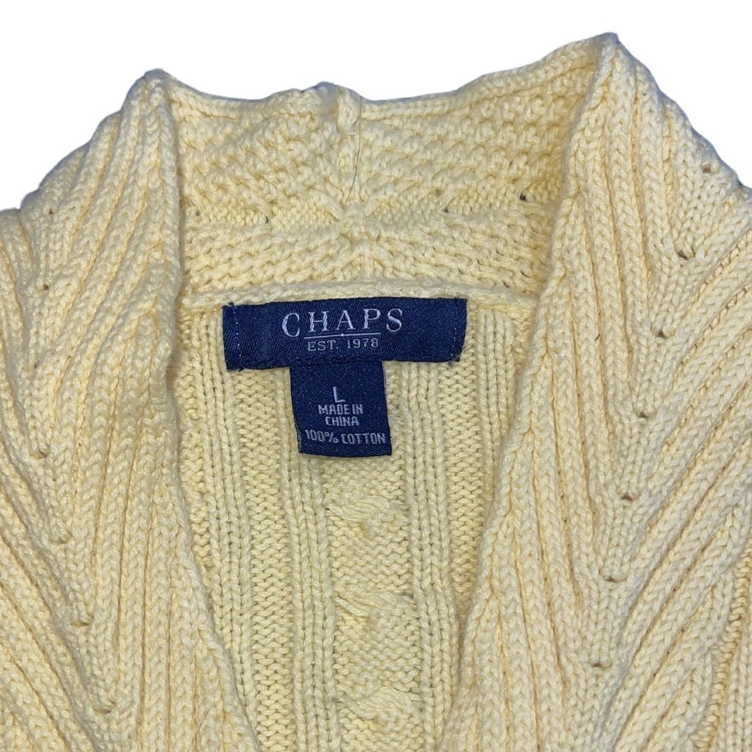 Chaps Yellow Cable Knit V-Neck Sweater Size Large Preppy 100% Cotton Academia