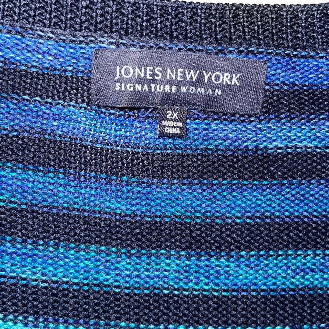 Jones New York Signature Women Plus Blue Striped Knit Open Cardigan Size 2X NWT